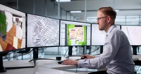 Man Using Computer To Survey Land For Construction Development Project. Stock Photos