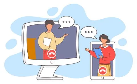 Man using computer for talk with woman using phone, online conversation through Illustrazione stock