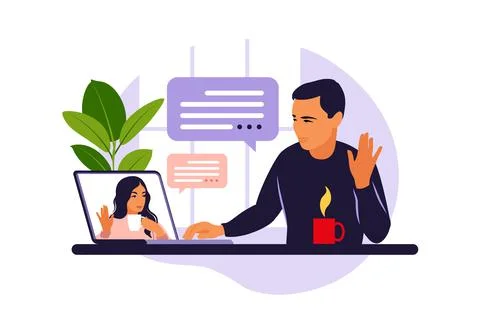 Man using computer video conference. Man at desktop chatting with friend onli Stock Illustration