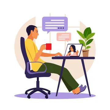 Man using computer video conference. Man at desktop chatting with friend onli Stock Illustration