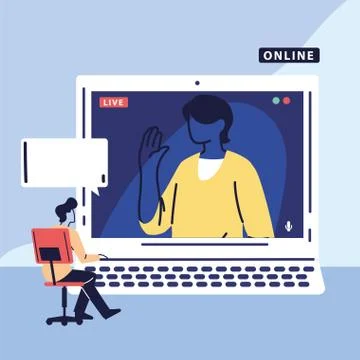 Man using computer for virtual meeting, videoconference, remote work, technology Stock Illustration