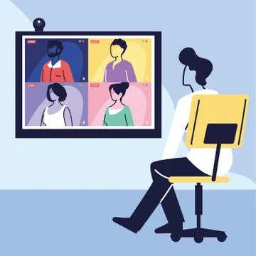 Man using computer for virtual meeting, videoconference, remote work, technology イラスト素材