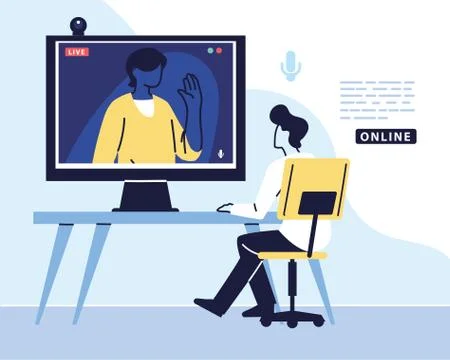 Man using computer for virtual meeting, videoconference, remote work, technology Illustrazione stock