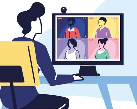 Man using computer for virtual meeting, videoconference, remote work, technology Illustrazione stock