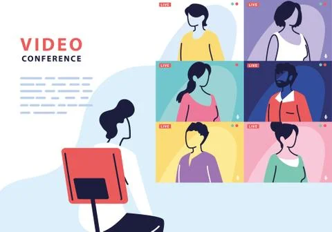 Man using computer for virtual meeting, videoconference, remote work, technology Illustrazione stock