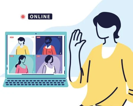 Man using computer for virtual meeting, videoconference, remote work, technology Illustrazione stock