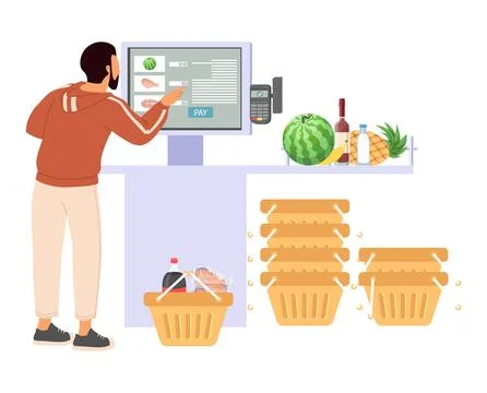 Man using contactless self-service shop store kiosk Stock Illustration