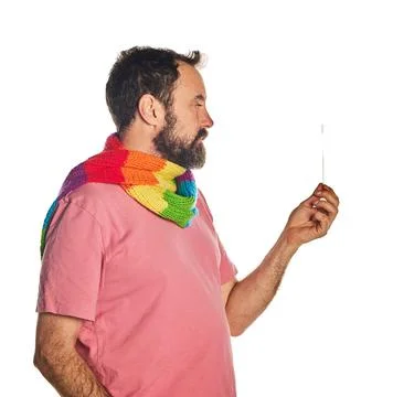 Man using cotton swab while doing coronavirus PCR test over isolated white. c Stock Photos