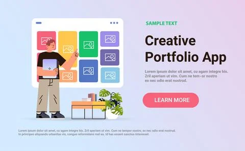 Man using creative portfolio app on computer screen visual design projects Stock Illustration