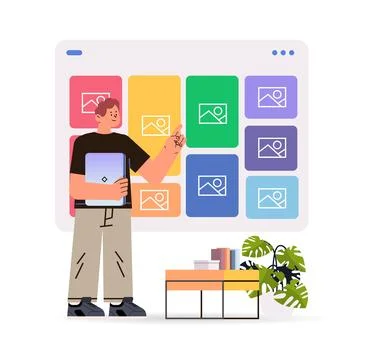 Man using creative portfolio app on computer screen visual design projects Stock Illustration