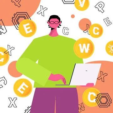 Man using cryptocurrency mining application on laptop virtual money transfer app Stock Illustration