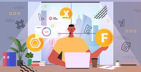 Man using cryptocurrency mining application on tablet pc virtual money transfer Stock Illustration