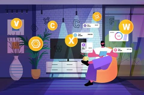 Man using cryptocurrency mining application on tablet pc virtual money transfer Stock Illustration