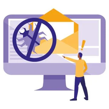 Man using desktop with bug in email Stock Illustration