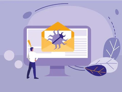 Man using desktop with bug in email Stock Illustration