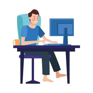 Man using desktop worker character Stock Illustration