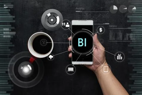 Man using digital device with "BI" word and  fintech infographic icon on virt Stock Photos