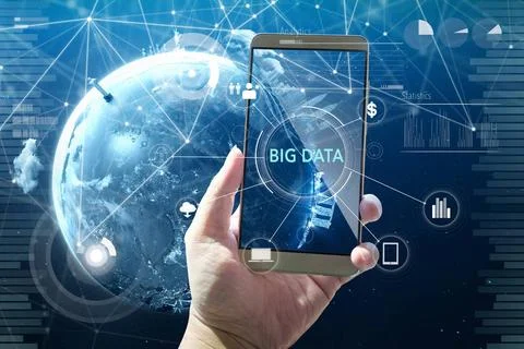 Man using digital device with BIG DATA word on digital virtual screen . Hi... Stock-Fotos