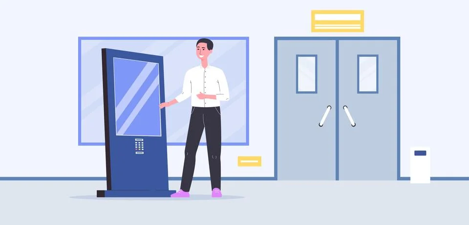 Man using digital interactive service equipment flat vector illustration. Stock Illustration