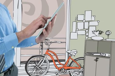 Man using a digital tablet with 3D colored drawing on background 스톡 사진