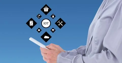 Man using digital tablet against cloud computing concept in background Stock Photos