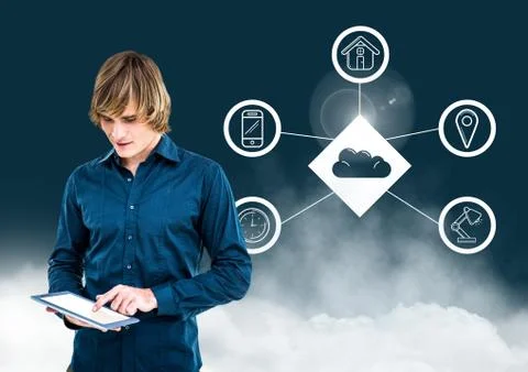 Man using digital tablet against cloud computing concept in background Stock Photos