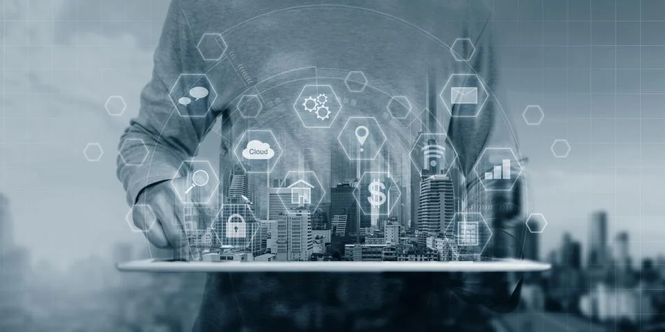 A man using digital tablet and interface online application icons Stock Photos