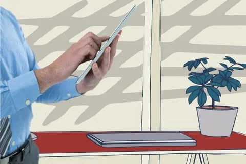 Man using a digital tablet with colored drawing on background Stock Photos