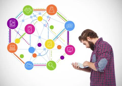 Man using digital tablet next to application icons Stock Photos