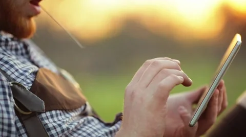 Man Using Digital Tablet. Outdoors. Stock Footage 63196502