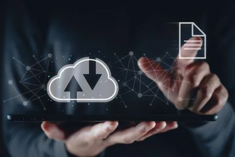 Man using digital tablet with virtual cloud computing with connection line... Fotos Stock