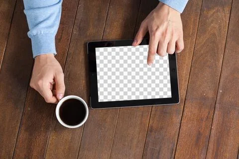 Man using digital tablet while having cup of coffee Stock Illustration
