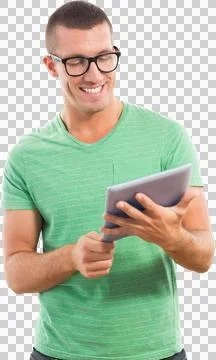 Man using digital tablet on white background Stock Photos