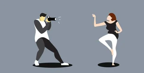 Man using dslr camera photographer shooting young attractive woman model posing Stock Illustration