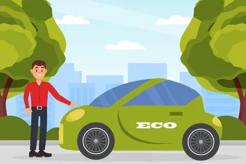 Man using electric car for personal urban city transportation. Eco friendly Stock Illustration