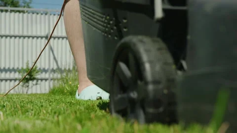 Man using electric lawn mower on green grass in a backyard Stock Footage 313333608