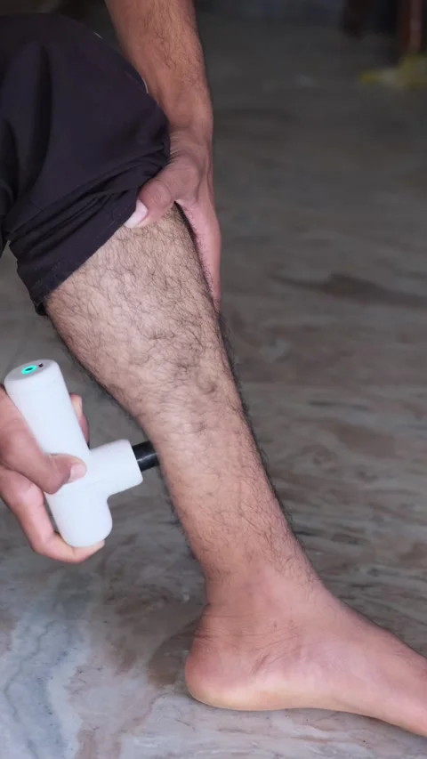 Man using electric massage gun on leg for muscle recovery after workout Видео 331062944