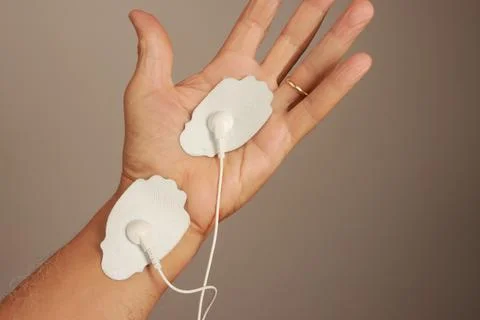 Man using an Electro Therapy Massager or Tens Unit on his hand Stock Photos