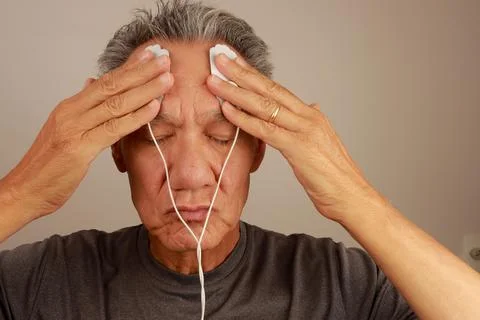 Man using an Electro Therapy Massager or Tens Unit on his forehead Stock Photos