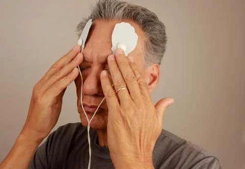 Man using an Electro Therapy Massager or Tens Unit on his forehead Stock Photos