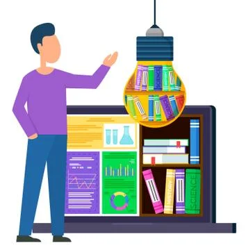 Man Using Electronic, Online Library on Laptop Stock Illustration