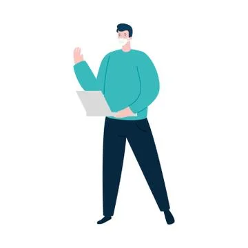 Man using face mask with laptop isolated icon 스톡 일러스트