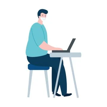 Man using face mask with laptop isolated icon イラスト素材