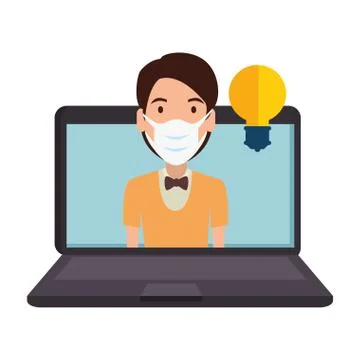 Man using face mask in laptop isolated icon 스톡 일러스트