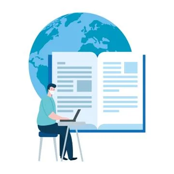 Man using face mask studying online Illustrazione stock