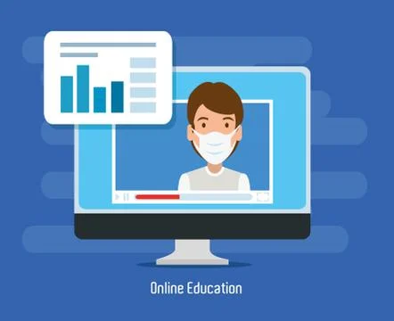 Man using face mask studying online in desktop computer Illustrazione stock