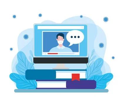 Man using face mask studying online in desktop computer Stock Illustration