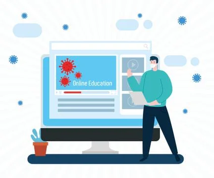 Man using face mask studying online in desktop computer Stock Illustration