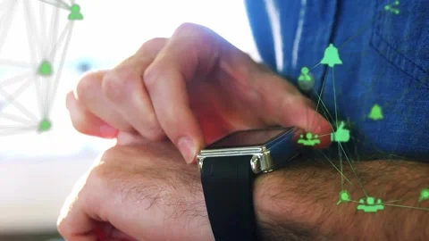 Man using finger tapping watch, swiping, pressing side, animating green tech Stock Footage 334115672