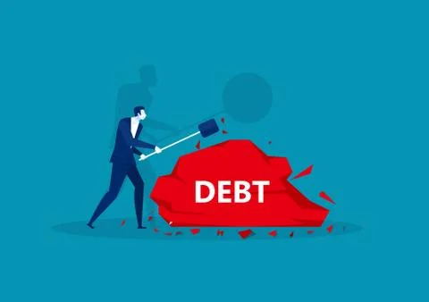 Man using a giant hammer to debt word break down stumbling block Stock Illustration
